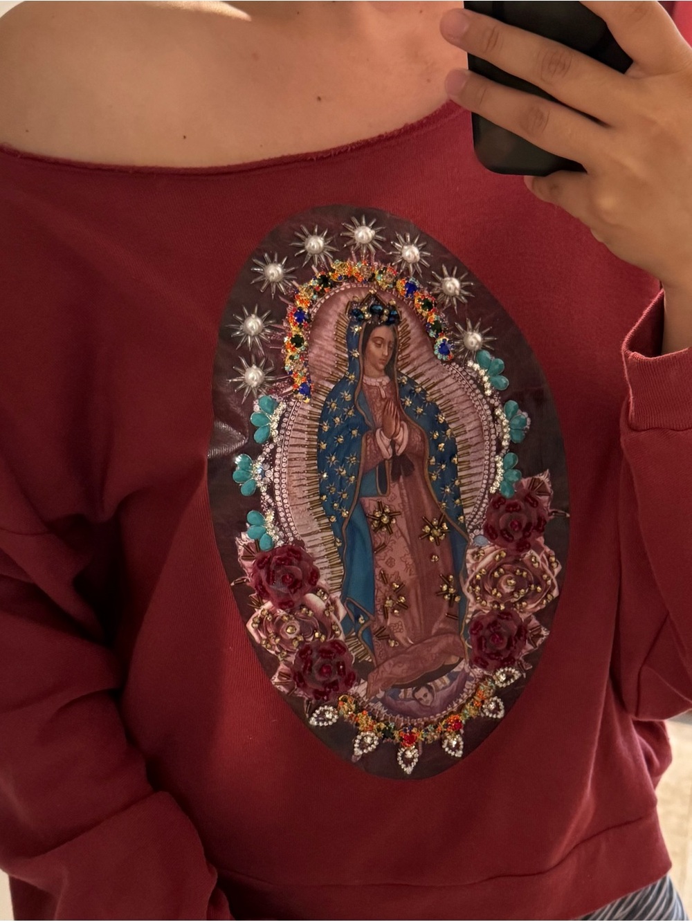 Burgundy Off-Shoulder Embellished Women's Sweatshirt